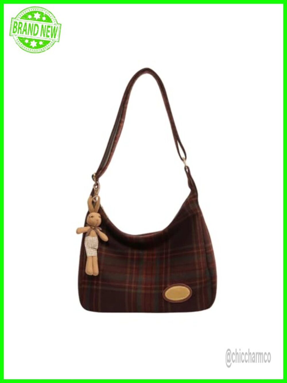 Plaid Hobo Shoulder Bag Wool Purse with Rabbit Charm Women's Handbag